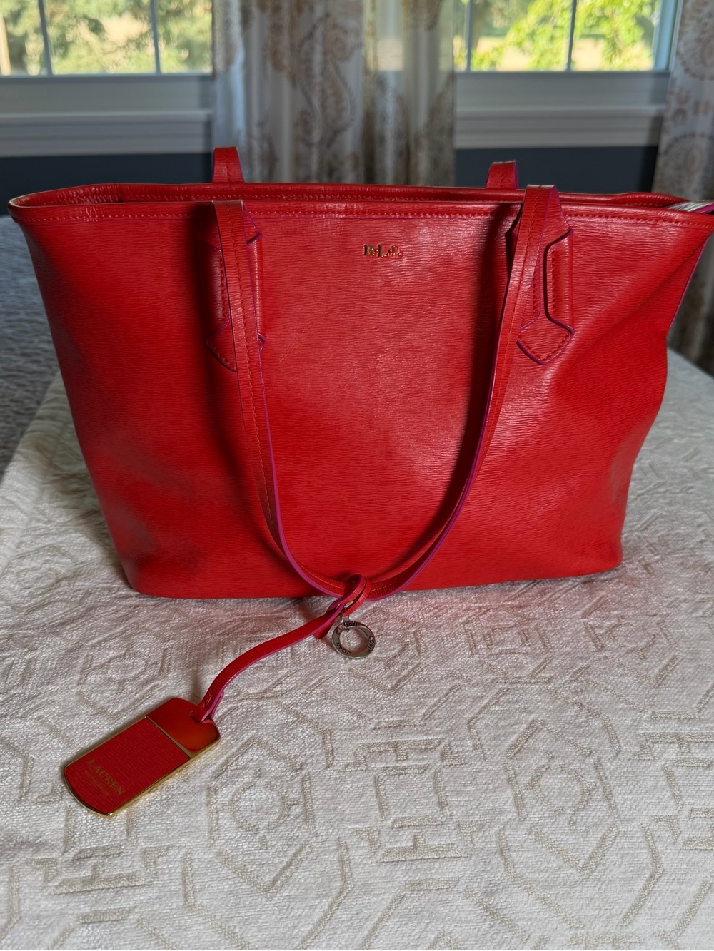 Lauren Ralph Lauren Red Leather Tote with Gold Hardware and Tag